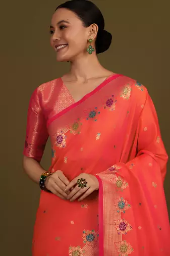 orange silk blend banarasi jacuard work saree with unstitched blouse piece