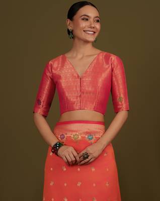 orange silk blend banarasi jacuard work saree with unstitched blouse piece 5