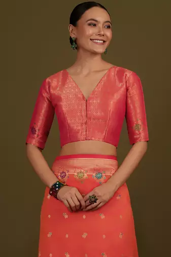 orange silk blend banarasi jacuard work saree with unstitched blouse piece
