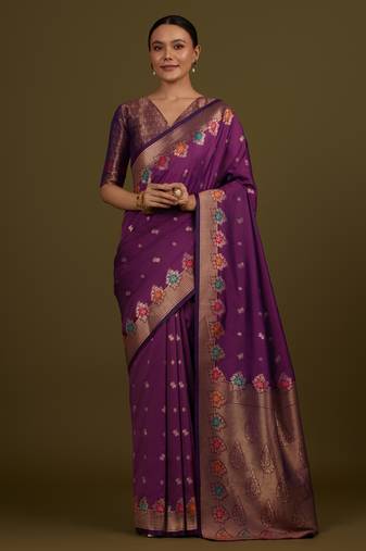 wine silk blend banarasi jacuard work saree with unstitched blouse piece