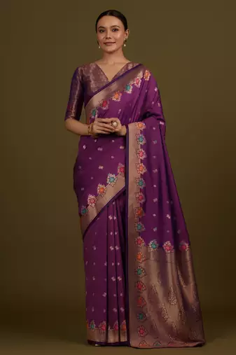 wine silk blend banarasi jacuard work saree with unstitched blouse piece