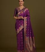 wine silk blend banarasi jacuard work saree with unstitched blouse piece