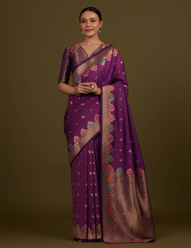 wine silk blend banarasi jacuard work saree with unstitched blouse piece