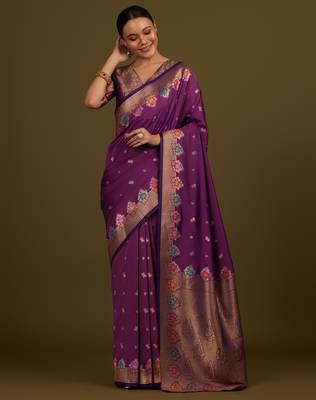 wine silk blend banarasi jacuard work saree with unstitched blouse piece 2