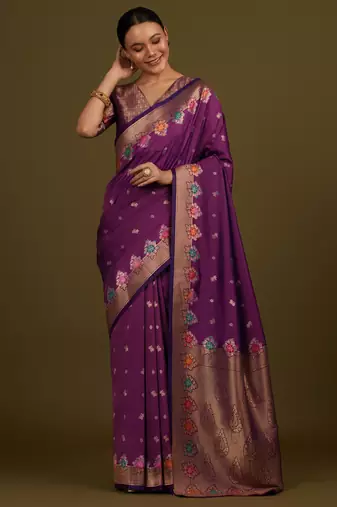 wine silk blend banarasi jacuard work saree with unstitched blouse piece