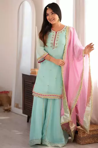 Sky mint georgette party wear embroidery sharara suit set
