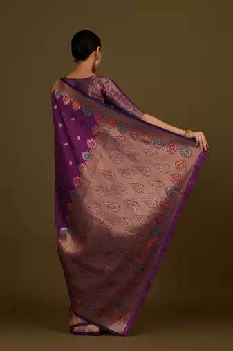 wine silk blend banarasi jacuard work saree with unstitched blouse piece