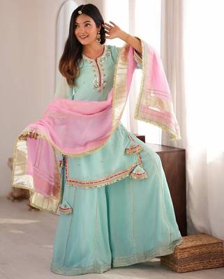 Sky mint georgette party wear embroidery sharara suit set 2