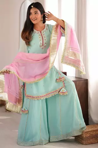 Sky mint georgette party wear embroidery sharara suit set
