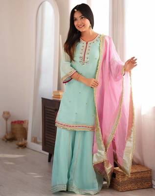 Sky mint georgette party wear embroidery sharara suit set 3