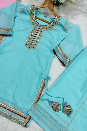 Sky mint georgette party wear embroidery sharara suit set
