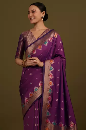 wine silk blend banarasi jacuard work saree with unstitched blouse piece
