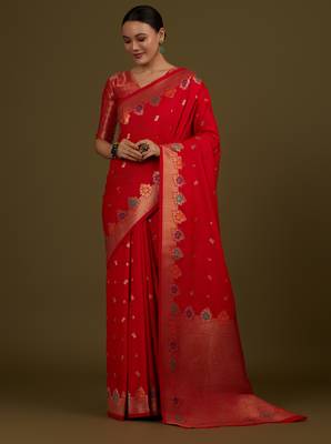 red silk blend banarasi jacuard work saree with unstitched blouse piece 1