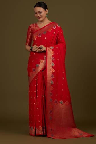 red silk blend banarasi jacuard work saree with unstitched blouse piece