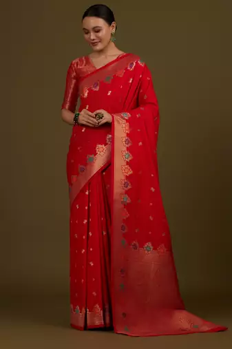 red silk blend banarasi jacuard work saree with unstitched blouse piece