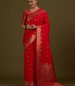 red silk blend banarasi jacuard work saree with unstitched blouse piece