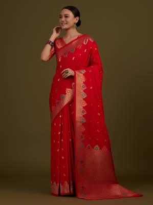 red silk blend banarasi jacuard work saree with unstitched blouse piece 2