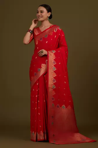 red silk blend banarasi jacuard work saree with unstitched blouse piece