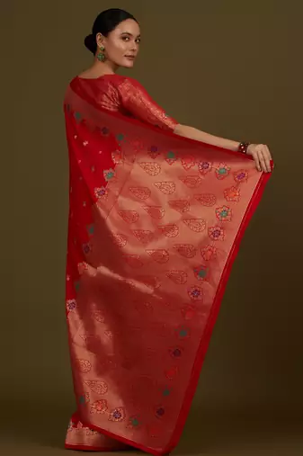 red silk blend banarasi jacuard work saree with unstitched blouse piece