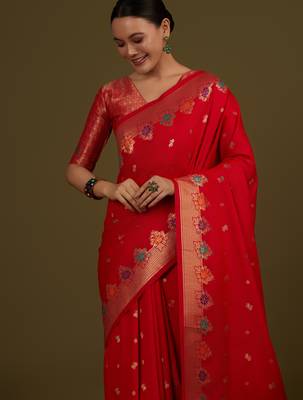 red silk blend banarasi jacuard work saree with unstitched blouse piece 4