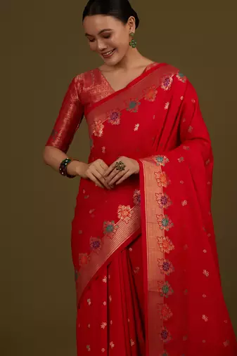 red silk blend banarasi jacuard work saree with unstitched blouse piece