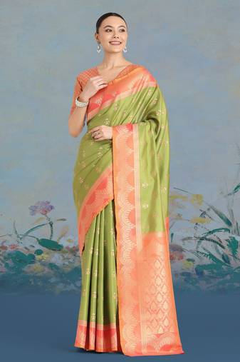 mehendi silk blend banarasi jacuard work saree with unstitched blouse piece