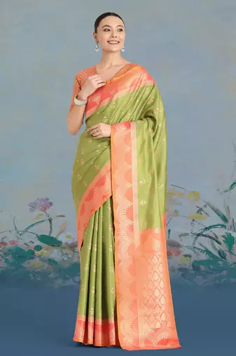 mehendi silk blend banarasi jacuard work saree with unstitched blouse piece