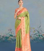 mehendi silk blend banarasi jacuard work saree with unstitched blouse piece