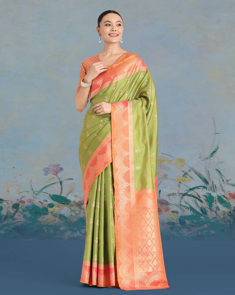 mehendi silk blend banarasi jacuard work saree with unstitched blouse piece