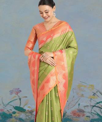 mehendi silk blend banarasi jacuard work saree with unstitched blouse piece 2