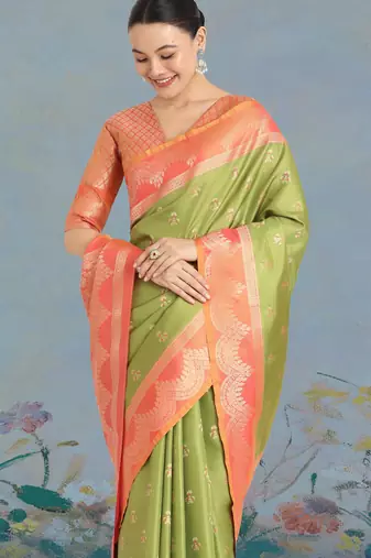 mehendi silk blend banarasi jacuard work saree with unstitched blouse piece