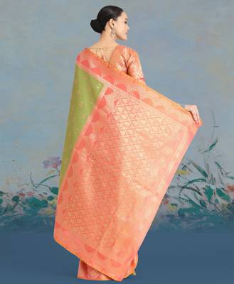mehendi silk blend banarasi jacuard work saree with unstitched blouse piece 3