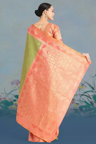 mehendi silk blend banarasi jacuard work saree with unstitched blouse piece