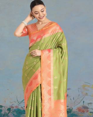 mehendi silk blend banarasi jacuard work saree with unstitched blouse piece 4