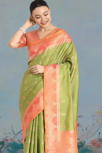 mehendi silk blend banarasi jacuard work saree with unstitched blouse piece