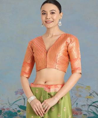 mehendi silk blend banarasi jacuard work saree with unstitched blouse piece 5
