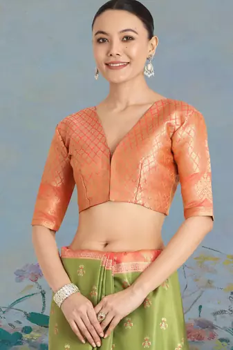 mehendi silk blend banarasi jacuard work saree with unstitched blouse piece