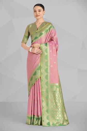 pink silk blend banarasi jacuard work saree with unstitched blouse piece