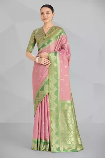 pink silk blend banarasi jacuard work saree with unstitched blouse piece