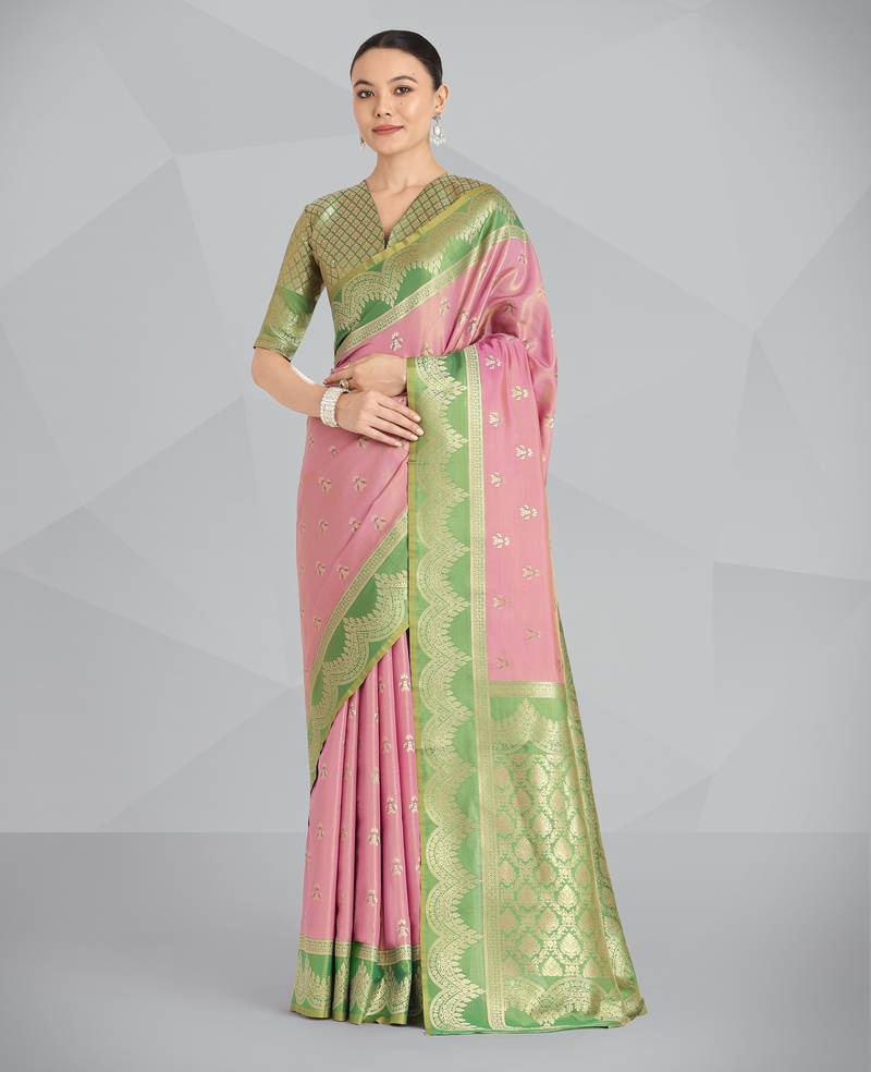 pink silk blend banarasi jacuard work saree with unstitched blouse piece