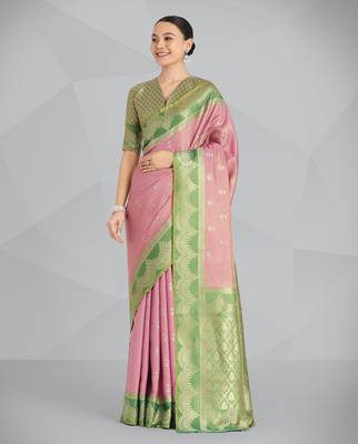 pink silk blend banarasi jacuard work saree with unstitched blouse piece 2