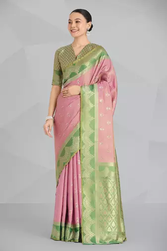 pink silk blend banarasi jacuard work saree with unstitched blouse piece