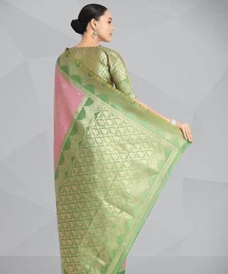 pink silk blend banarasi jacuard work saree with unstitched blouse piece 3
