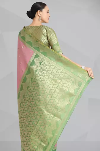 pink silk blend banarasi jacuard work saree with unstitched blouse piece