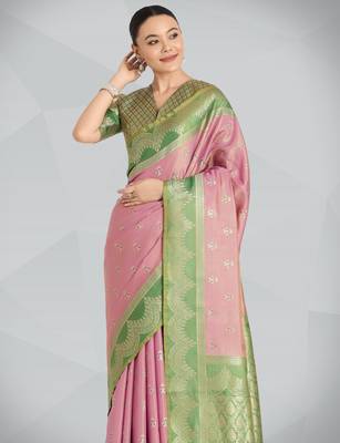 pink silk blend banarasi jacuard work saree with unstitched blouse piece 4