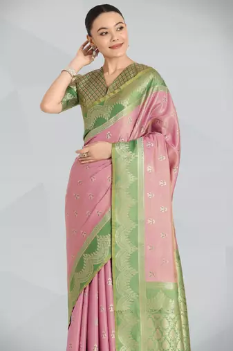 pink silk blend banarasi jacuard work saree with unstitched blouse piece