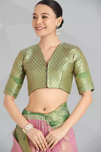 pink silk blend banarasi jacuard work saree with unstitched blouse piece