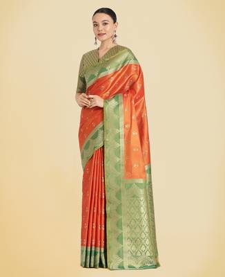 orange  silk blend banarasi jacuard work saree with unstitched blouse piece 1