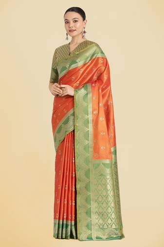 orange  silk blend banarasi jacuard work saree with unstitched blouse piece