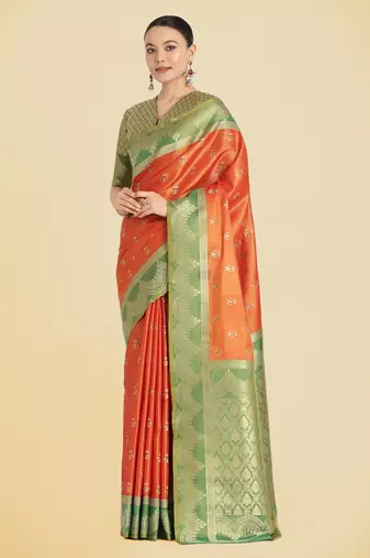 orange  silk blend banarasi jacuard work saree with unstitched blouse piece